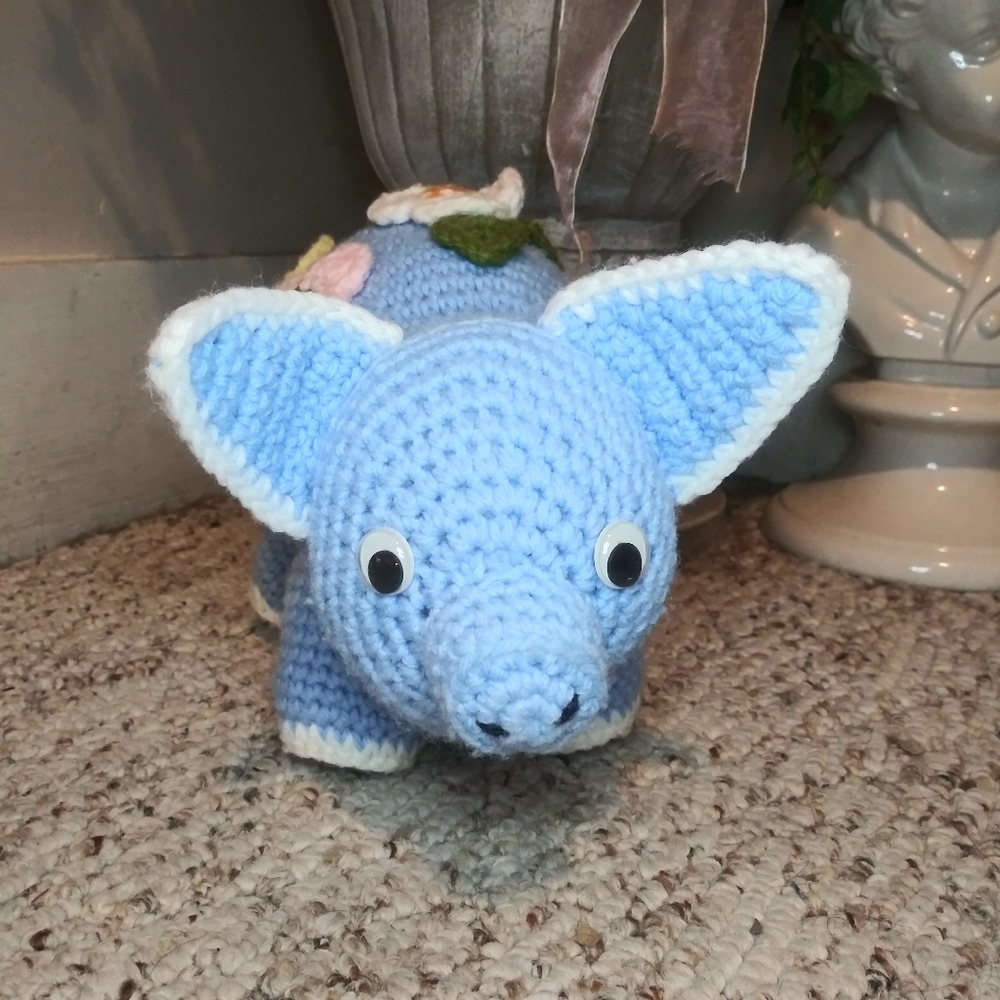 Vintage Blue & White Hand Crocheted Cottagecore Style Pig With Pastel Flowers